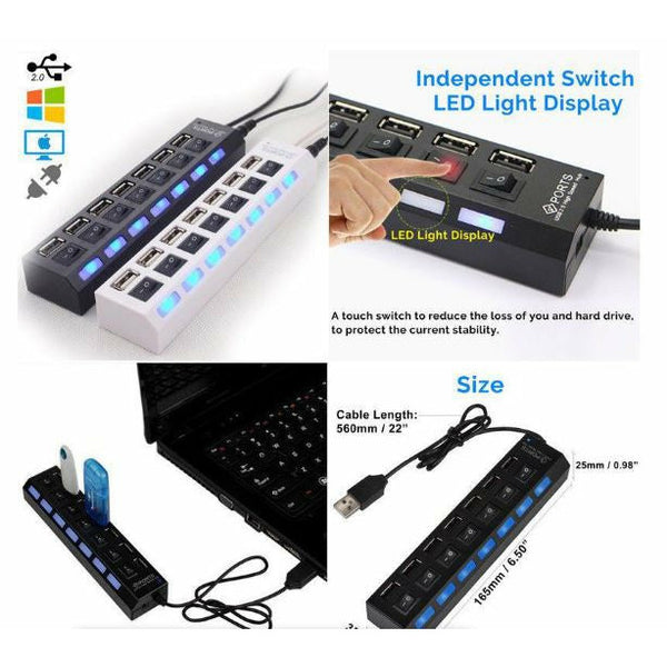 7 Ports USB 2.0 HUB - High Speed USB HUB - Black
