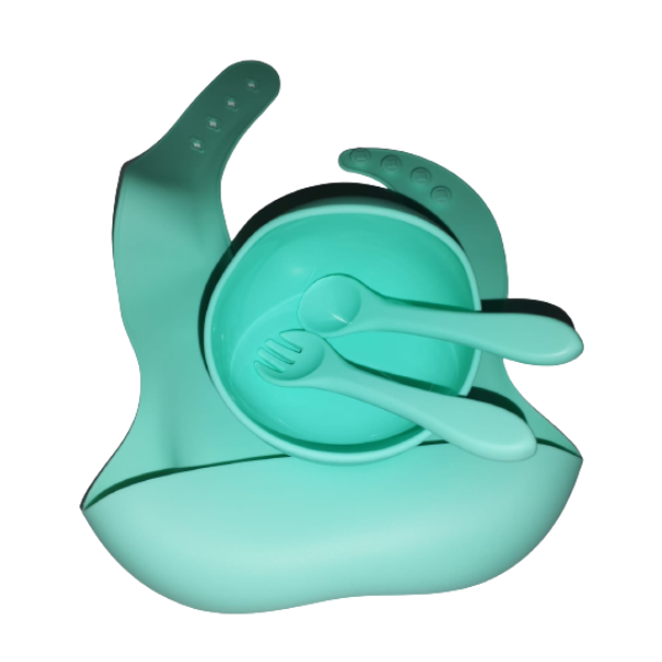 4-piece Silicone Baby Feeding set - Bib, Spoon, Fork and Bowl, in various colours