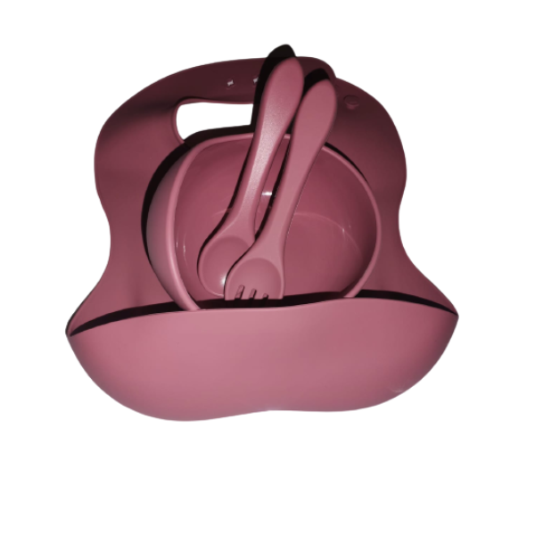 4-piece Silicone Baby Feeding set - Bib, Spoon, Fork and Bowl, in various colours
