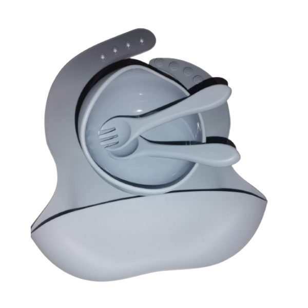 4-piece Silicone Baby Feeding set - Bib, Spoon, Fork and Bowl, in various colours